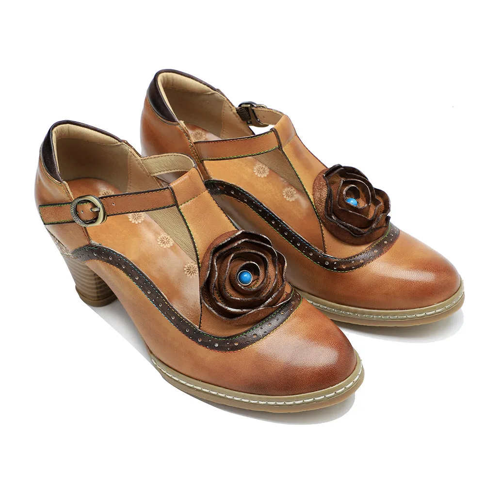 Women's Sheepskin Flower Embellished Mary Jane Heels Retro Style