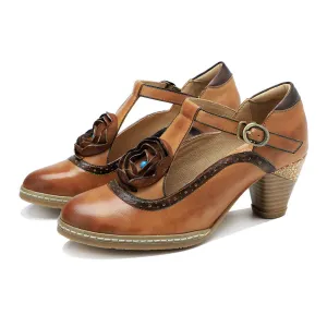 Women's Sheepskin Flower Embellished Mary Jane Heels Retro Style