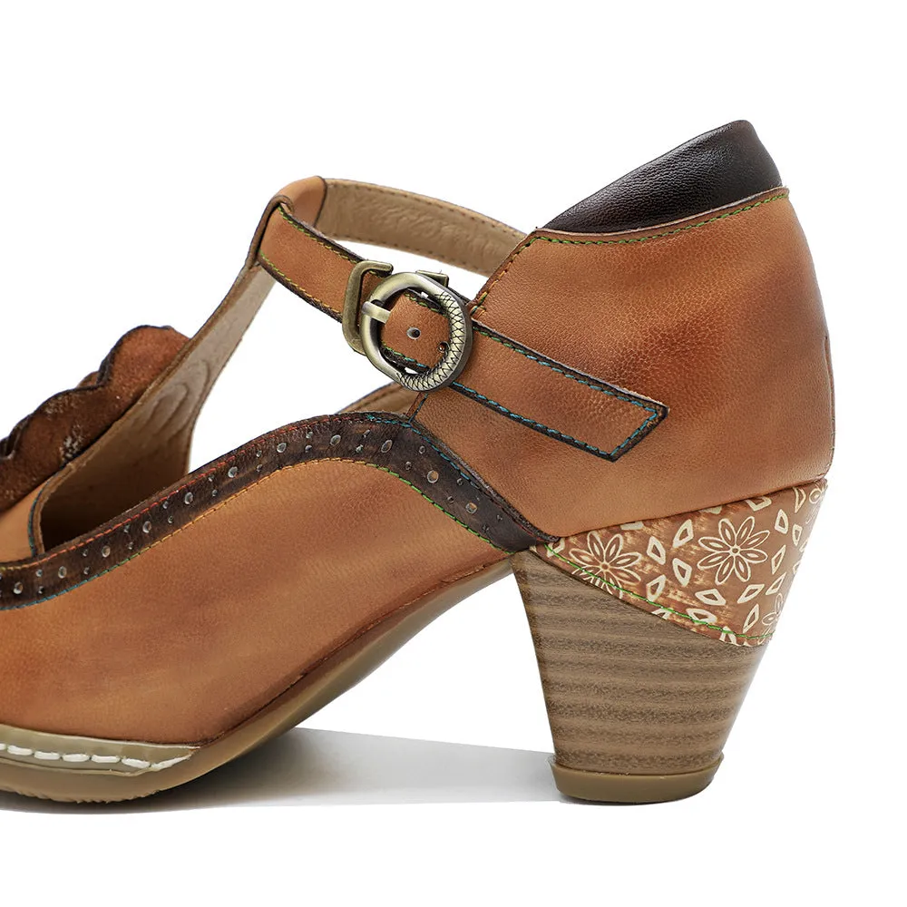 Women's Sheepskin Flower Embellished Mary Jane Heels Retro Style