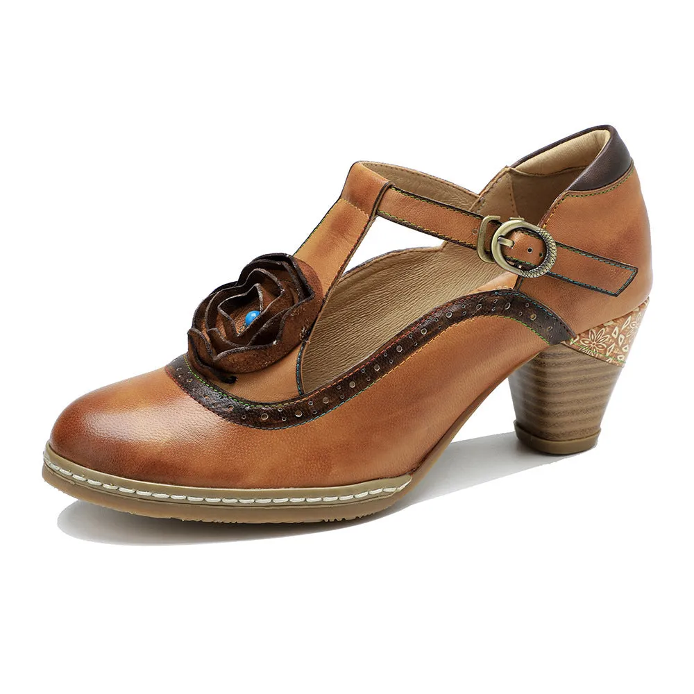 Women's Sheepskin Flower Embellished Mary Jane Heels Retro Style