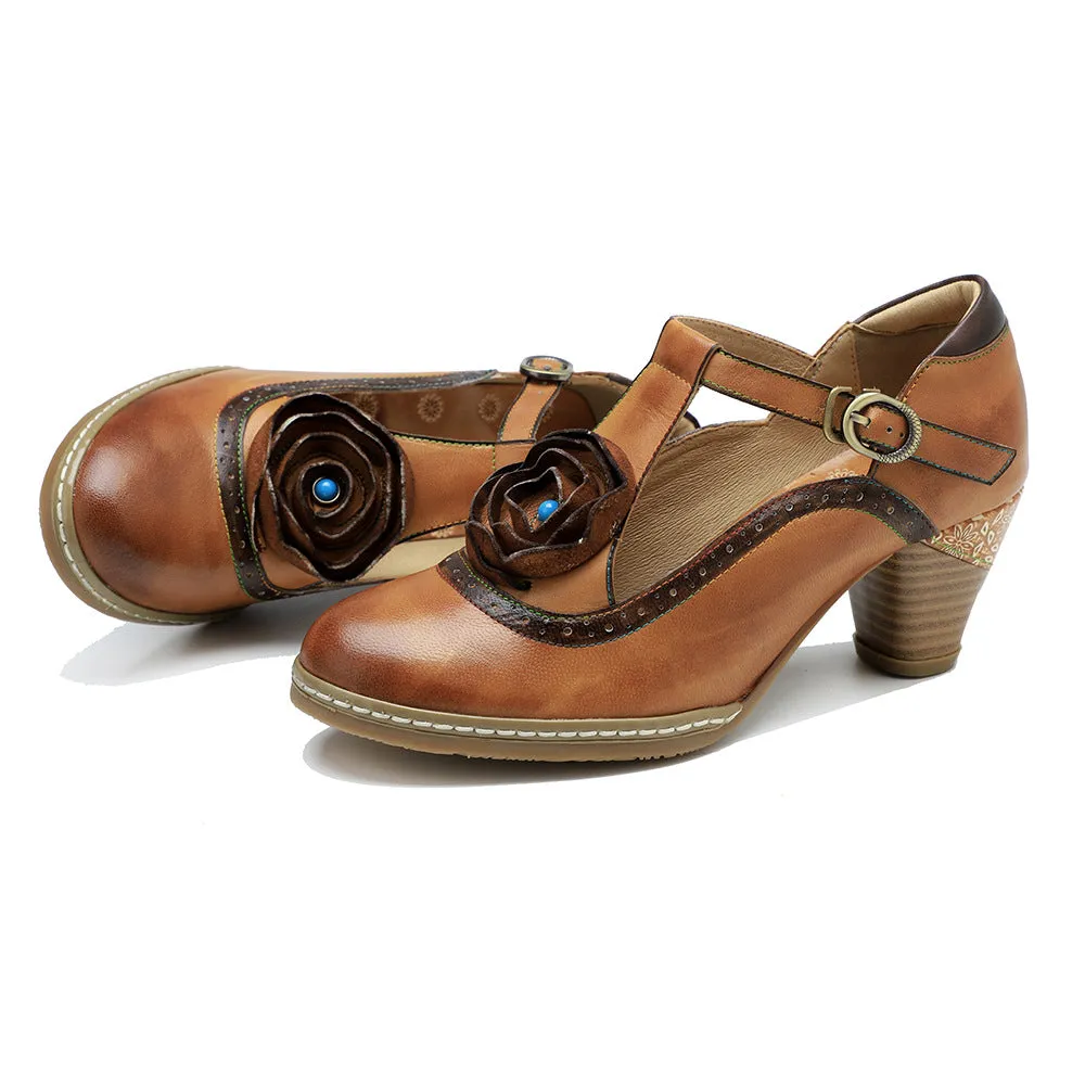 Women's Sheepskin Flower Embellished Mary Jane Heels Retro Style