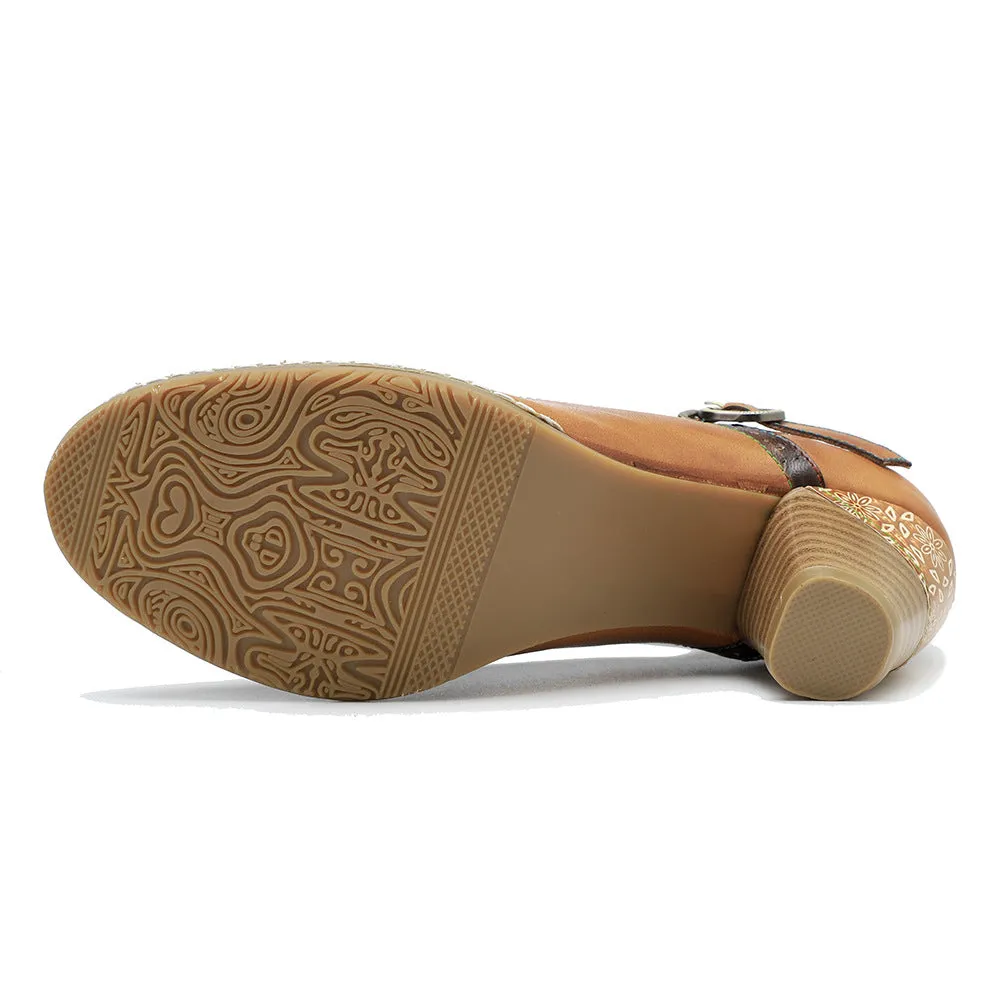 Women's Sheepskin Flower Embellished Mary Jane Heels Retro Style