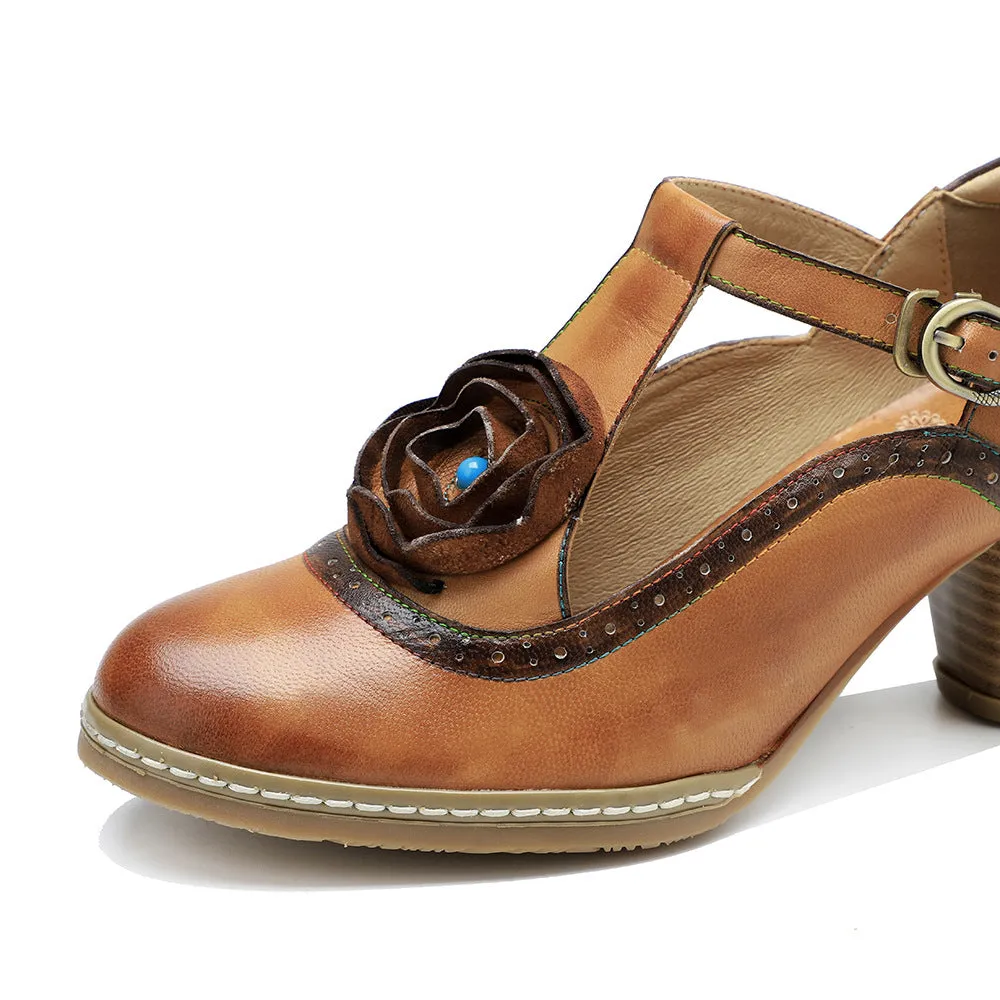 Women's Sheepskin Flower Embellished Mary Jane Heels Retro Style