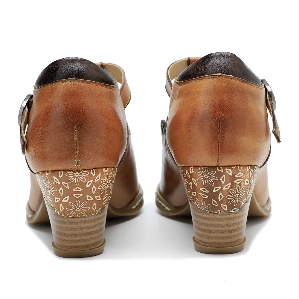 Women's Sheepskin Flower Embellished Mary Jane Heels Retro Style