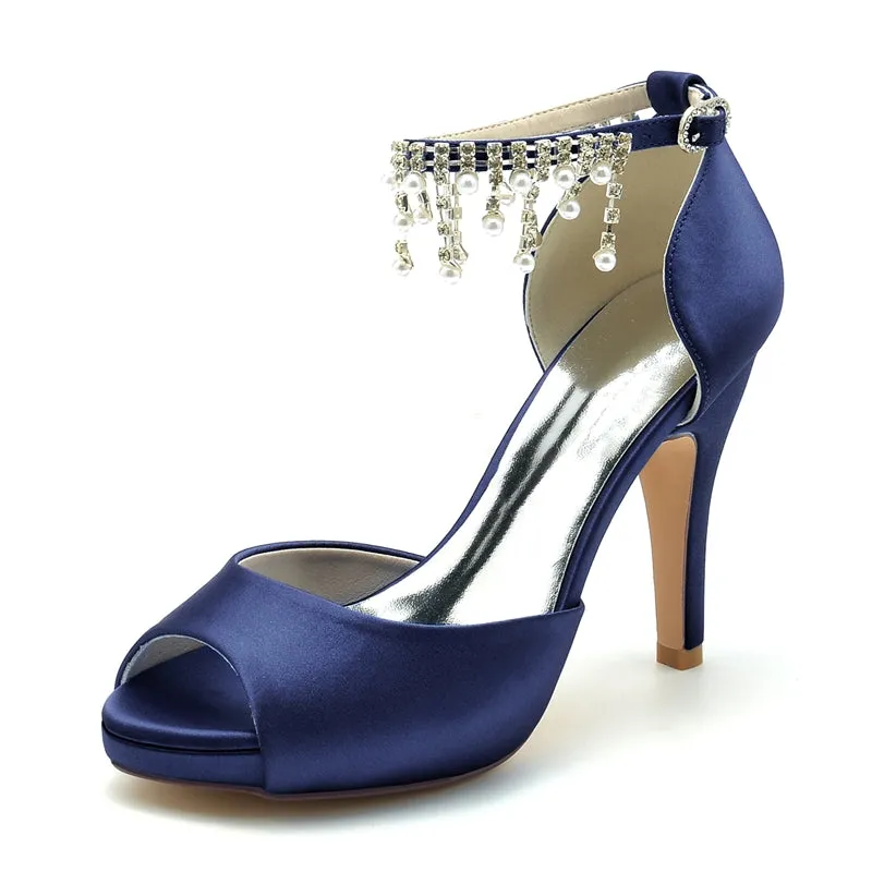 Women's Wedding Shoes Black Peep Toe Thick Sole Buckle Bridal Shoes with Pearl Tassel
