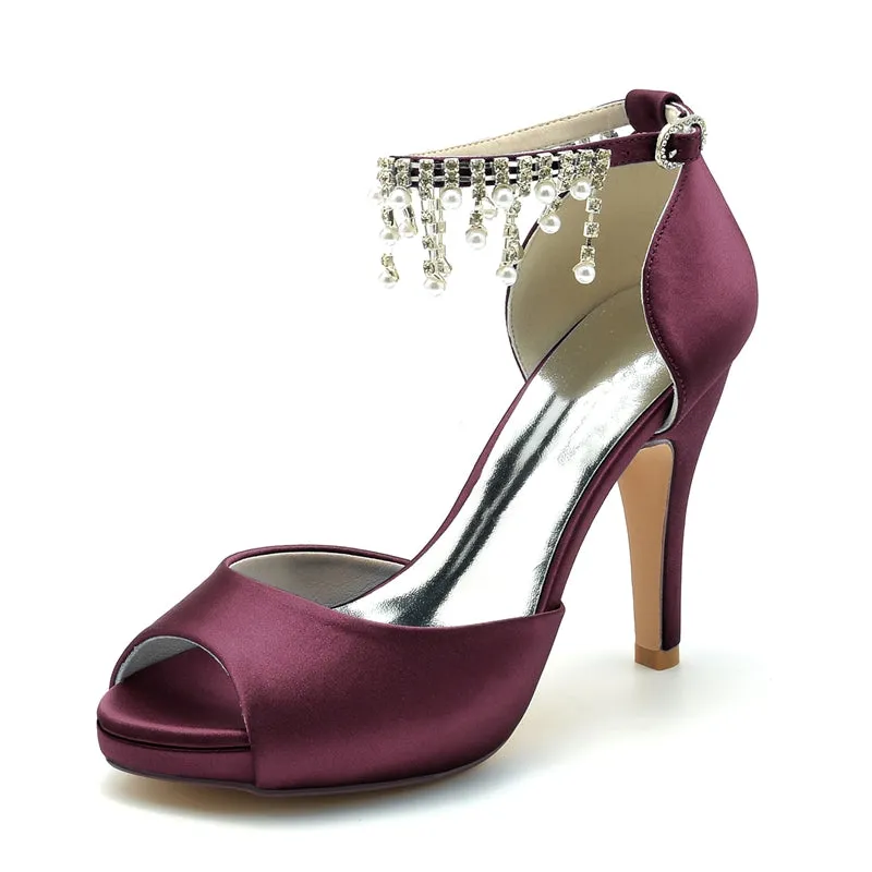 Women's Wedding Shoes Black Peep Toe Thick Sole Buckle Bridal Shoes with Pearl Tassel