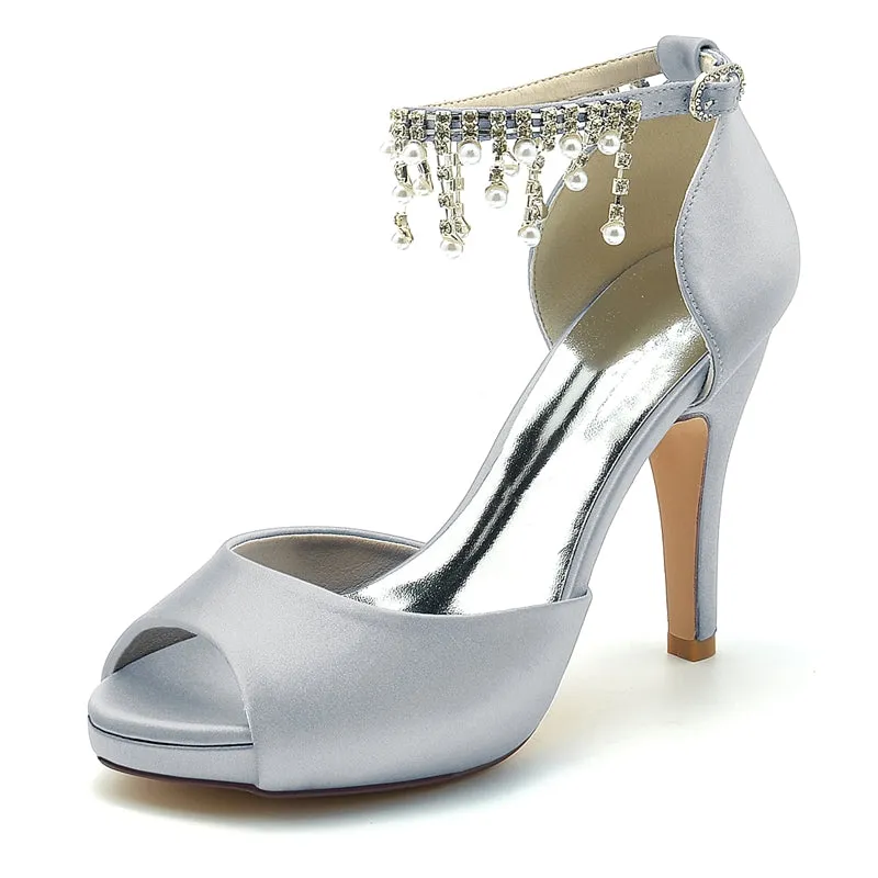 Women's Wedding Shoes Black Peep Toe Thick Sole Buckle Bridal Shoes with Pearl Tassel