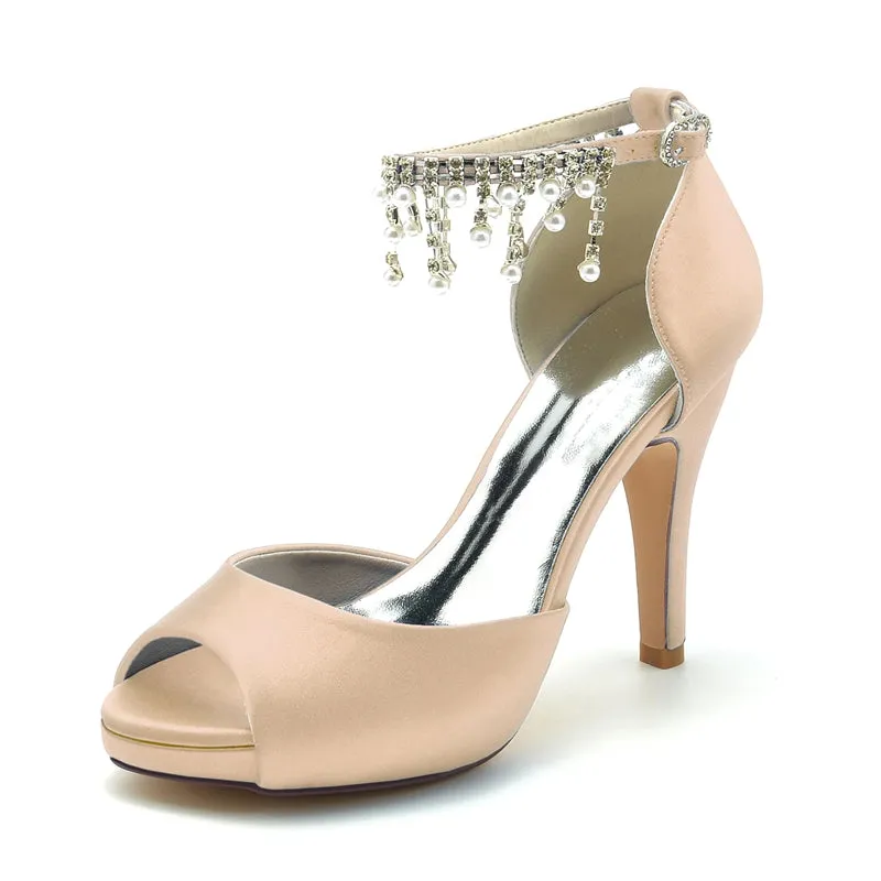 Women's Wedding Shoes Black Peep Toe Thick Sole Buckle Bridal Shoes with Pearl Tassel