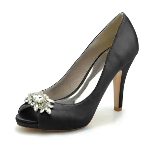 Women's Wedding Shoes Black Thick Sole High Heel Bridal Shoes with Delicate Rhinestone