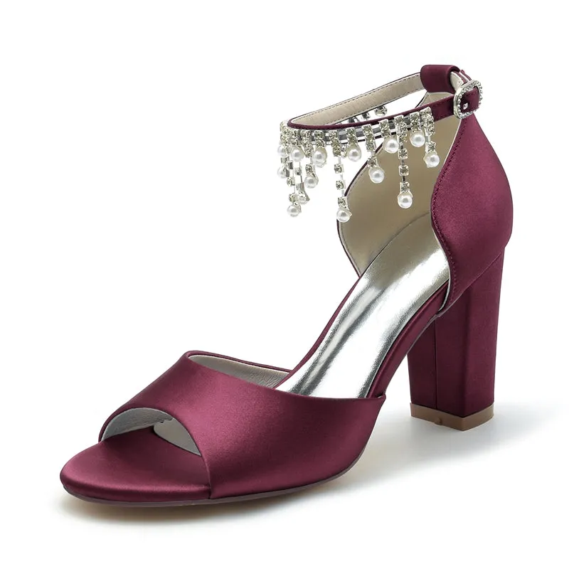 Women's Wedding Shoes Peep Toe Chunky Heel Elegant Buckle Bridal Shoes with Pearl Tassel