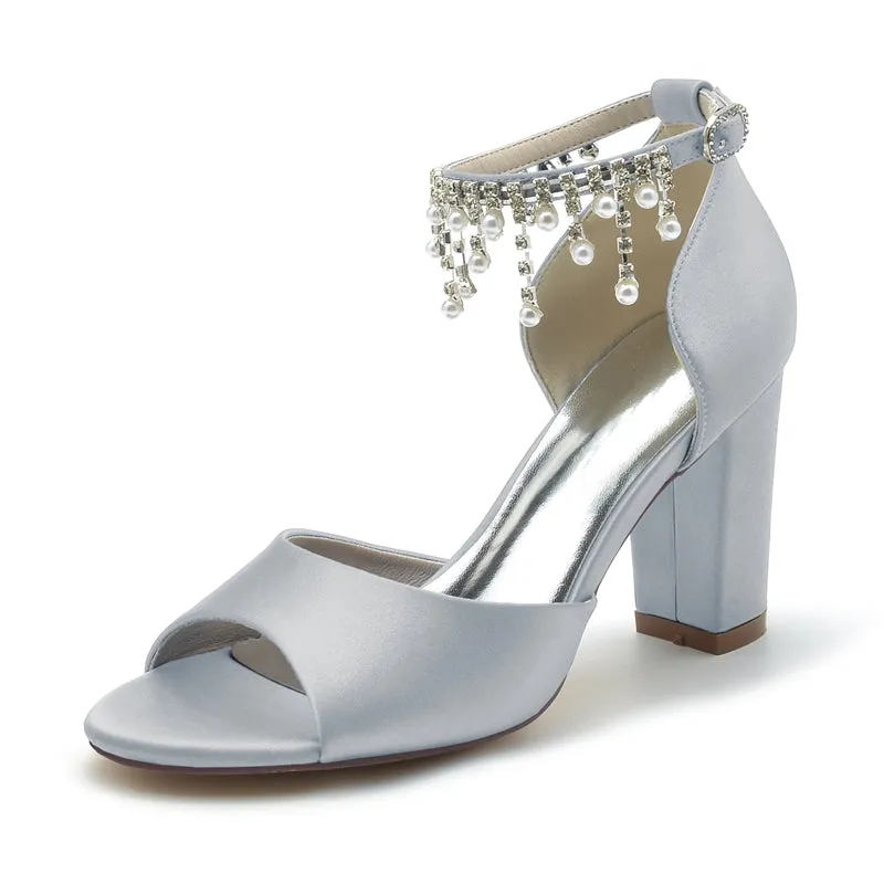 Women's Wedding Shoes Peep Toe Chunky Heel Elegant Buckle Bridal Shoes with Pearl Tassel
