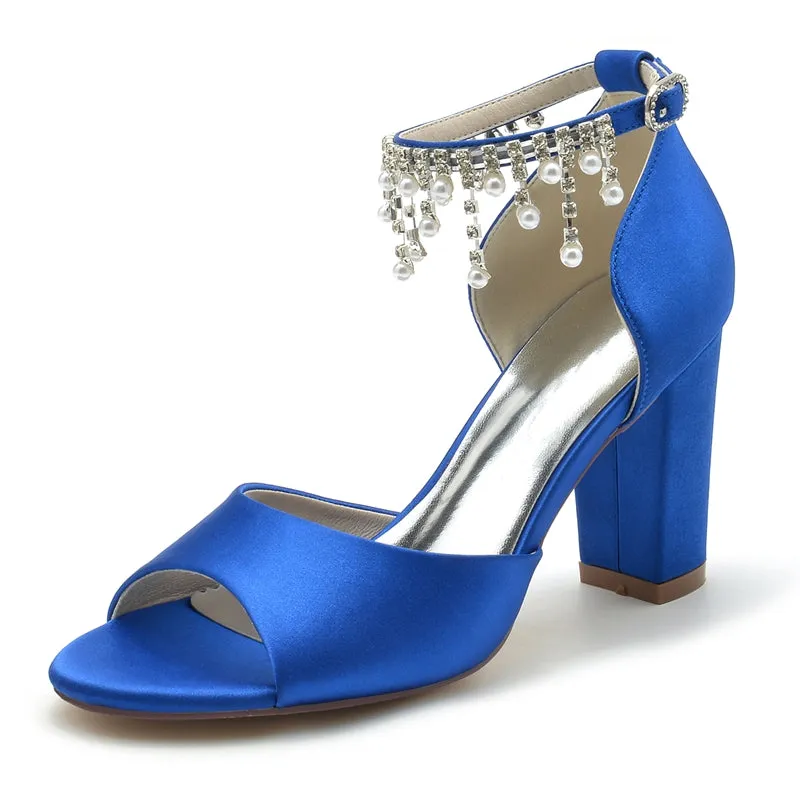 Women's Wedding Shoes Peep Toe Chunky Heel Elegant Buckle Bridal Shoes with Pearl Tassel