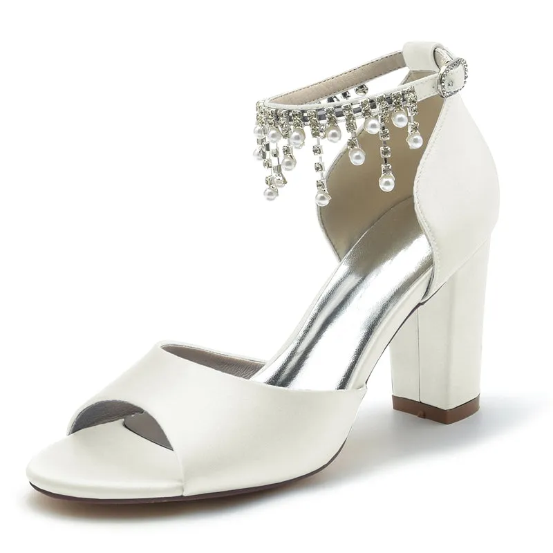 Women's Wedding Shoes Peep Toe Chunky Heel Elegant Buckle Bridal Shoes with Pearl Tassel