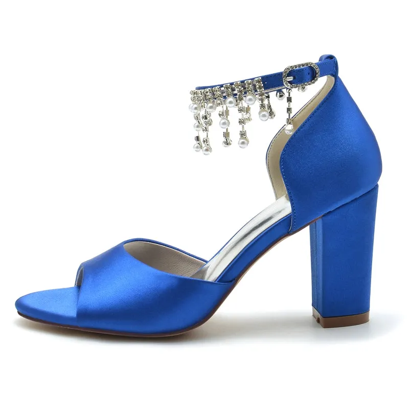 Women's Wedding Shoes Peep Toe Chunky Heel Elegant Buckle Bridal Shoes with Pearl Tassel