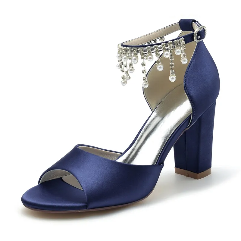 Women's Wedding Shoes Peep Toe Chunky Heel Elegant Buckle Bridal Shoes with Pearl Tassel