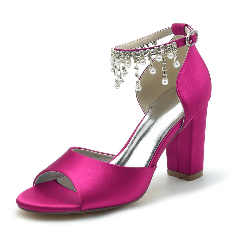 Women's Wedding Shoes Peep Toe Chunky Heel Elegant Buckle Bridal Shoes with Pearl Tassel