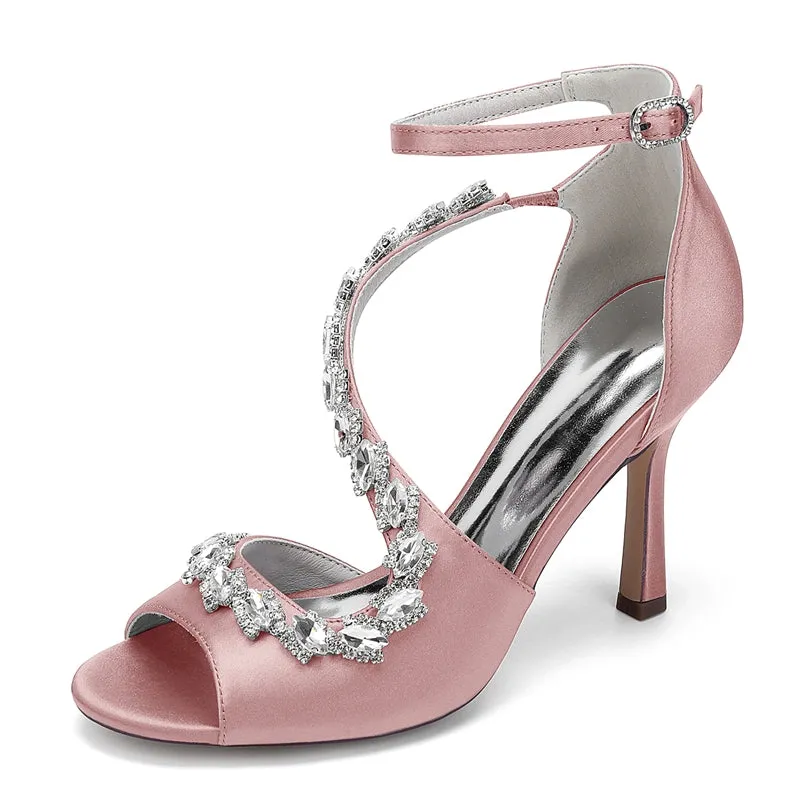 Women's Wedding Shoes Peep Toe High Heel Ankle Strap Buckle Bridal Shoes with Crystals