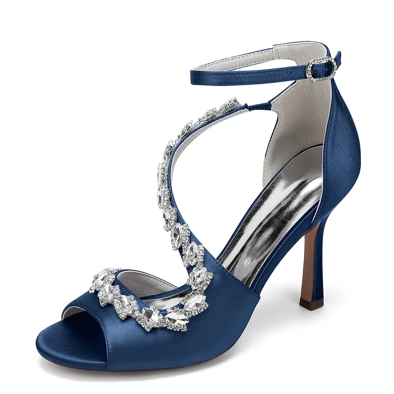 Women's Wedding Shoes Peep Toe High Heel Ankle Strap Buckle Bridal Shoes with Crystals