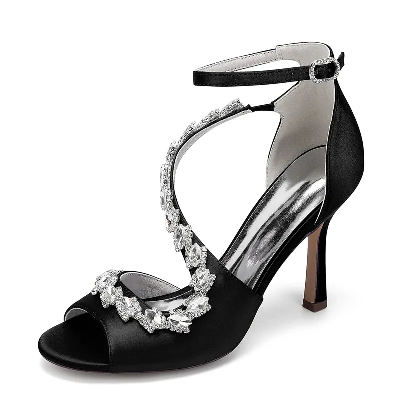 Women's Wedding Shoes Peep Toe High Heel Ankle Strap Buckle Bridal Shoes with Crystals