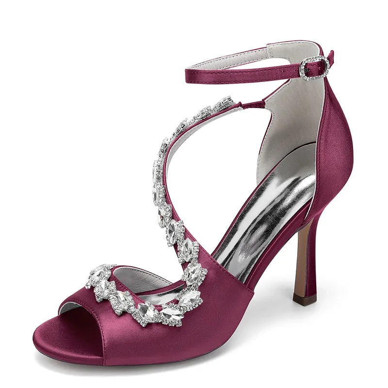 Women's Wedding Shoes Peep Toe High Heel Ankle Strap Buckle Bridal Shoes with Crystals