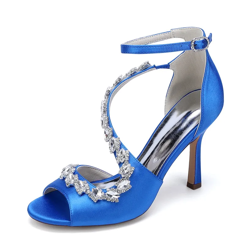 Women's Wedding Shoes Peep Toe High Heel Ankle Strap Buckle Bridal Shoes with Crystals