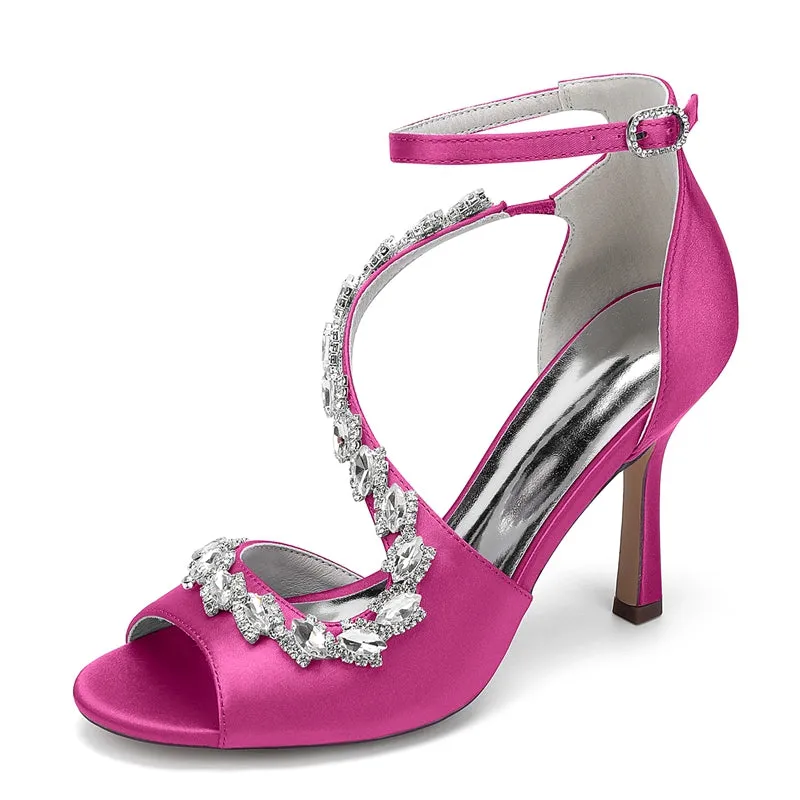 Women's Wedding Shoes Peep Toe High Heel Ankle Strap Buckle Bridal Shoes with Crystals