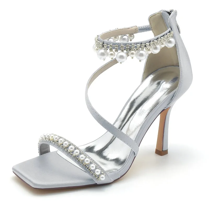 Women's Wedding Shoes Peep Toe High Heel Crossed Strap Buckle Bridal Shoes with Pearl