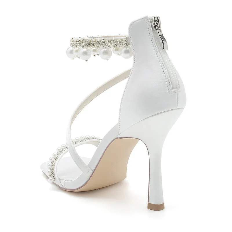 Women's Wedding Shoes Peep Toe High Heel Crossed Strap Buckle Bridal Shoes with Pearl