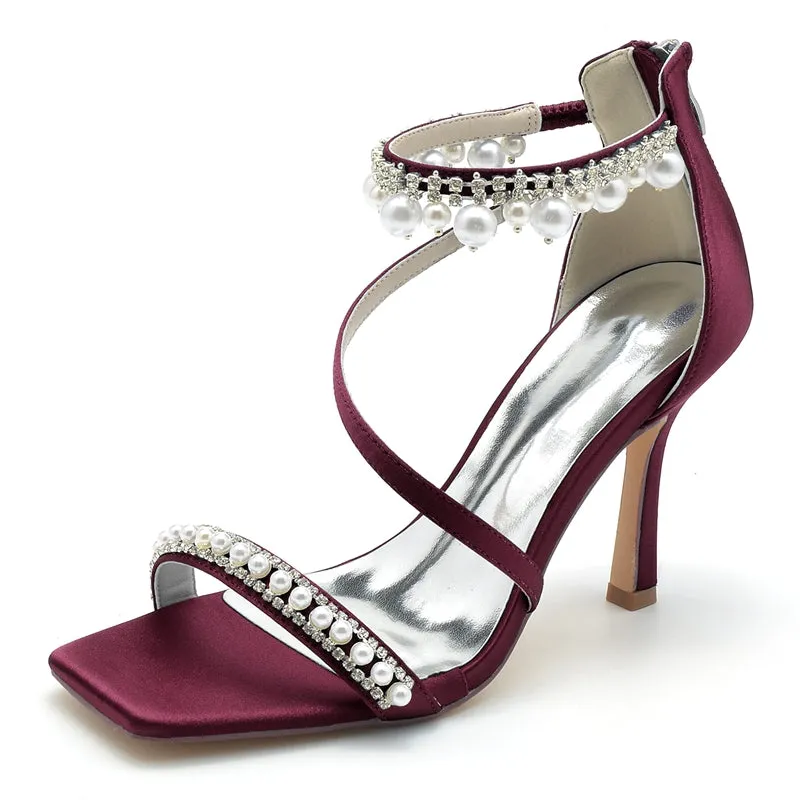 Women's Wedding Shoes Peep Toe High Heel Crossed Strap Buckle Bridal Shoes with Pearl