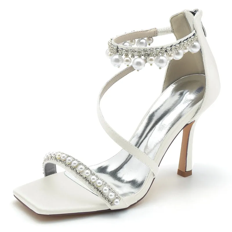 Women's Wedding Shoes Peep Toe High Heel Crossed Strap Buckle Bridal Shoes with Pearl