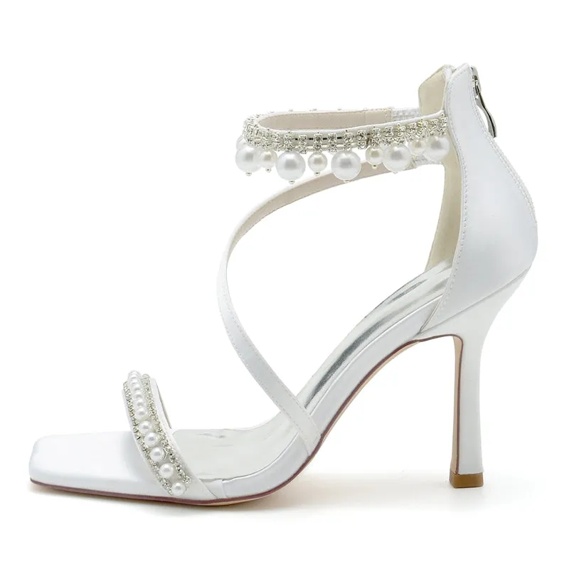 Women's Wedding Shoes Peep Toe High Heel Crossed Strap Buckle Bridal Shoes with Pearl