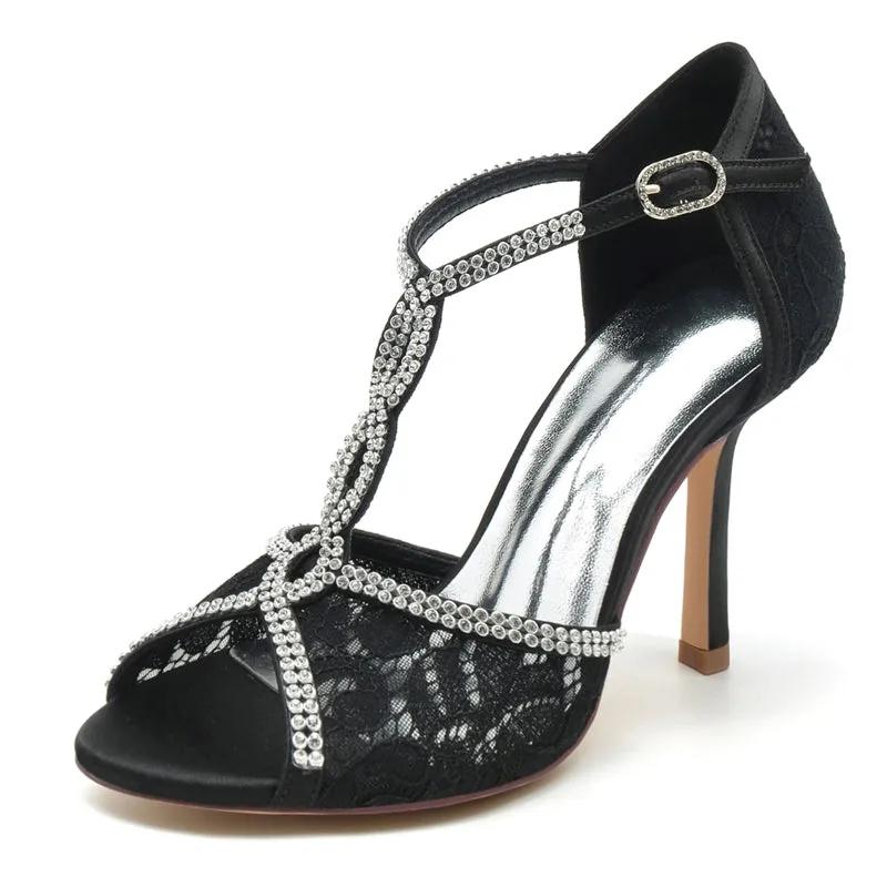 Women's Wedding Shoes Peep Toe High Heel Lace Crystal Straps Luxurious Buckle Bridal Shoes