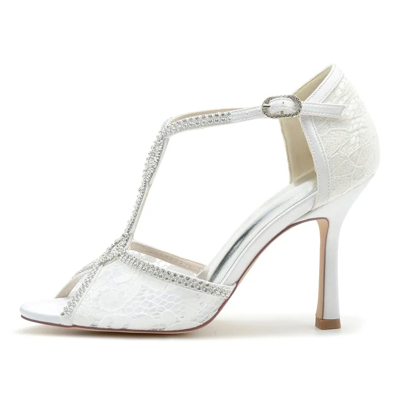 Women's Wedding Shoes Peep Toe High Heel Lace Crystal Straps Luxurious Buckle Bridal Shoes