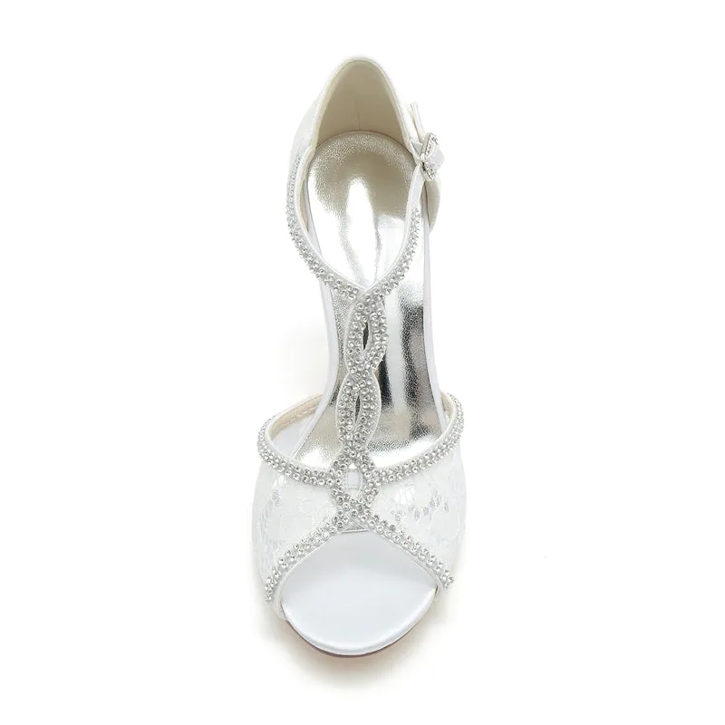 Women's Wedding Shoes Peep Toe High Heel Lace Crystal Straps Luxurious Buckle Bridal Shoes