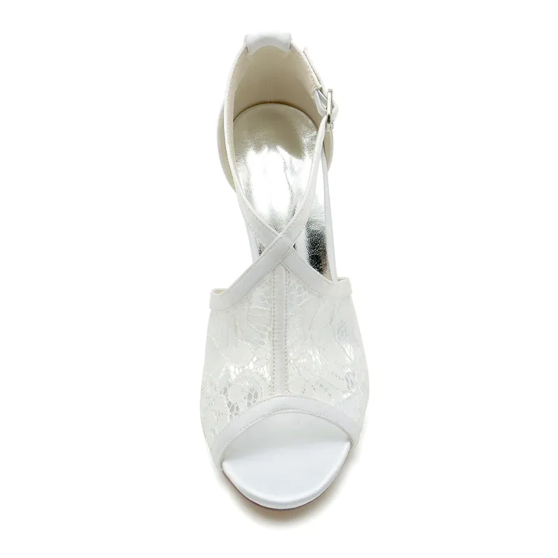 Women's Wedding Shoes Peep Toe Lace Enclosed Heel Buckle Bridal Shoes