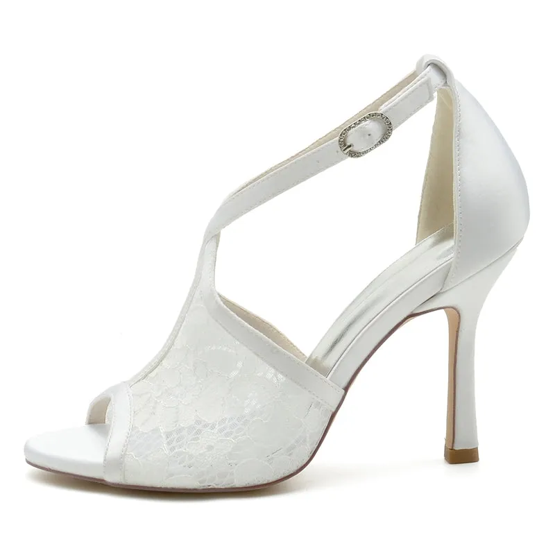 Women's Wedding Shoes Peep Toe Lace Enclosed Heel Buckle Bridal Shoes