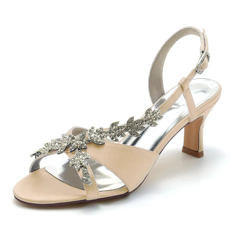 Women's Wedding Shoes Peep Toe Mid Heel Leaf Rhinestone Straps Buckle Bridal Shoes