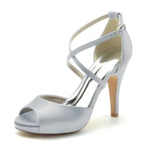 Women's Wedding Shoes Silver High Heel Thick Sole Crossed Straps Elegant Bridal Shoes