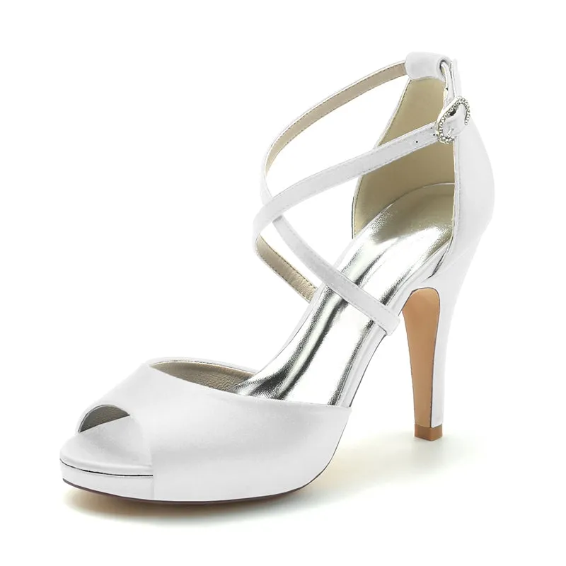 Women's Wedding Shoes Silver High Heel Thick Sole Crossed Straps Elegant Bridal Shoes