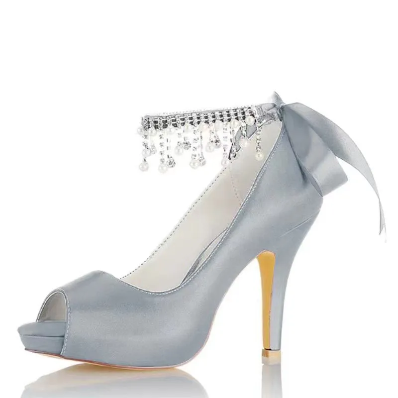 Women's Wedding Shoes Thick Sole Peep Toe Buckle Bridal Shoes with Pearl Tassel & Bow